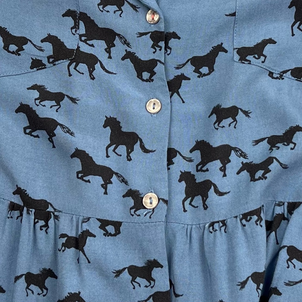 Anorak Horse Print Babydoll Tie Back Dress size 12 Blue Multi Twee Westerncore - Picture 5 of 11